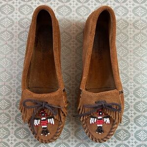 Minnetonka Brown Suede Moccasins with Beaded Design